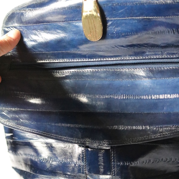 Vintage Genuine Eel Skin Leather Shoulder Crossbody Bag Purse Navy Blue 80s - Picture 5 of 11